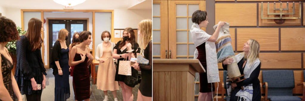 A young woman greets her friends and holds the Torah next to her rabbi before celebrating her bat mitzvah. (Sarah Blesener/NPR)