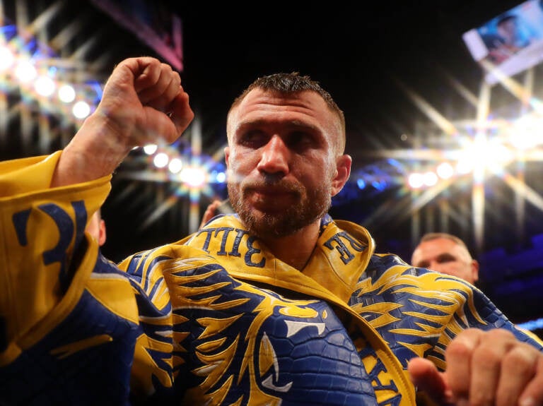 Vasiliy Lomachenko exits the arena after winning the WBA, WBO, WBC Lightweight World Title contest in 2019 in London. (Richard Heathcote/Getty Images)