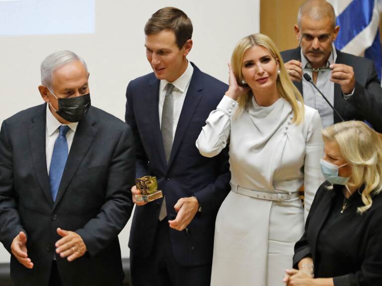 Jared Kushner is seen here talking with Israel's opposition leader and ex-premier Benjamin Netanyahu, left, with his wife Ivanka Trump at the Knesset in Jerusalem on Oct. 11, 2021. Kushner, a senior adviser to former President Trump, appeared before the House Jan. 6 select committee on March 31, 2022. (Ahmad Gharabli/AFP via Getty Images)