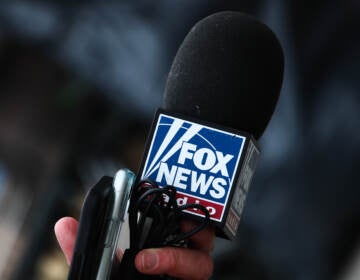 Fox News logo is seen on a reporter's microphone in Przemysl, Poland on March 5, 2022. (Jakub Porzycki/NurPhoto via Getty Images)