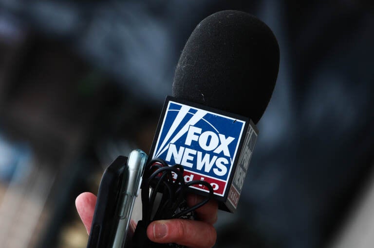 Fox News logo is seen on a reporter's microphone in Przemysl, Poland on March 5, 2022. (Jakub Porzycki/NurPhoto via Getty Images)