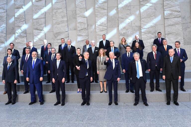 Leaders of NATO member nations pose for a family photo at NATO Headquarters in Brussels on March 24.