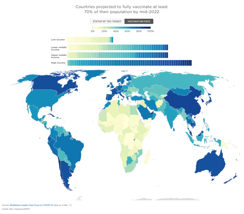 A world map showing the percentage of people in each country that are fully vaccinated against COVID-19.