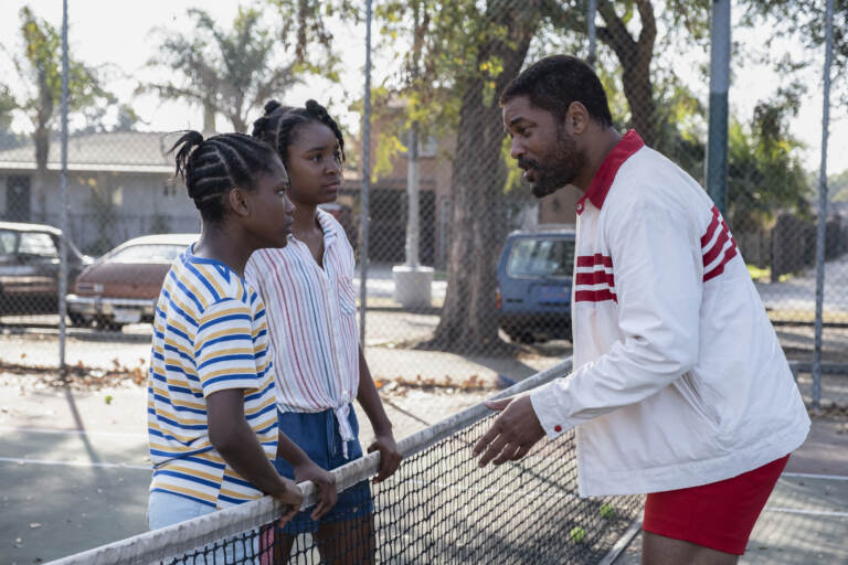 Demi Singleton and Saniyya Sidney with Will Smith in ''King Richard.'' (Chiabella James/Warner Bros. Entertainment Inc.)