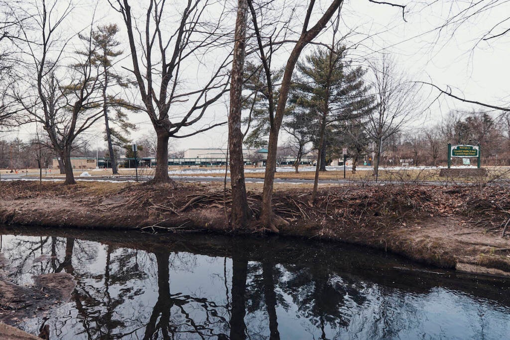 A creek, called Tenakill Brook, is shown with trees on the banks, in late March 2022.