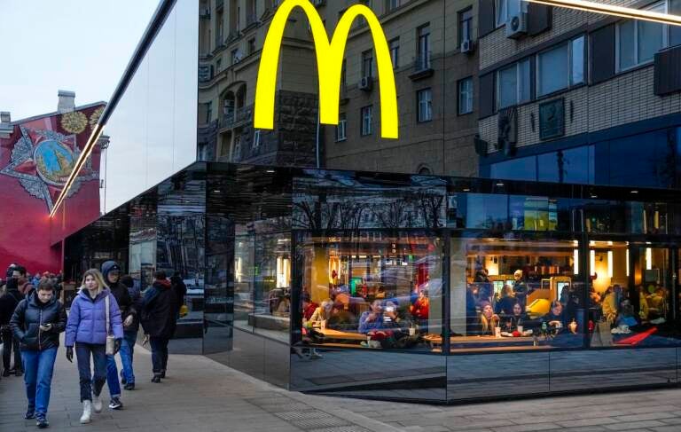 McDonald's has closed its more than 800 restaurants in Russia in response to Russia's invasion of Ukraine. This photo at a Moscow McDonald's was taken on March 13, just before it was closed.