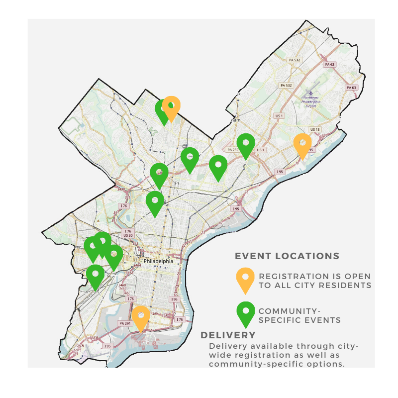An illustration breaks down where spring 2022 tree giveaways are taking place across the city.