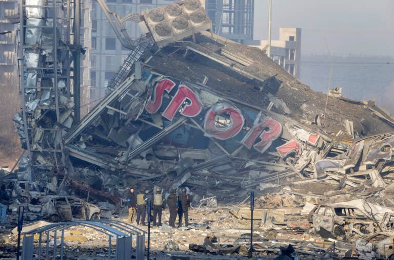 Ruins of a water pool are seen after the Russian shelling of a shopping center in Kyiv