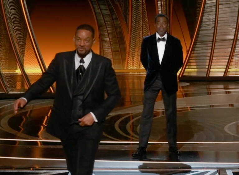 Will Smith walks off stage at the Oscars after slapping Chris Rock, who made a joke about Jada Pinkett Smith's hair. March 27, 2022.