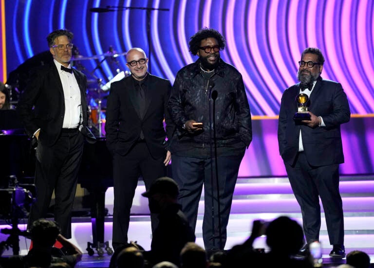 Robert Fyvolent, from left, David Dinerstein, Questlove, and Joseph Patel accept the award for best music film album