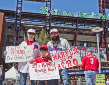 Jace Mignano, 7, attended his first Phillies home opener with his parents on April 8, 2022. (Kimberly Paynter/WHYY)