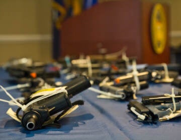 ATF officials announced two federal indictments of 14 individuals charged with trafficking about 500 firearms from the Southern states of Georgia and South Carolina to sell in Philadelphia, at a press conference on April 11, 2022. (Kimberly Paynter/WHYY)