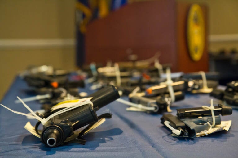 ATF officials announced two federal indictments of 14 individuals charged with trafficking about 500 firearms from the Southern states of Georgia and South Carolina to sell in Philadelphia, at a press conference on April 11, 2022. (Kimberly Paynter/WHYY)