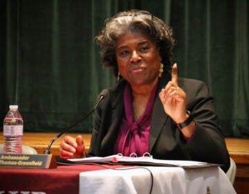 United States Ambassador to the United Nations Linda Thomas-Greenfield speaks to students at Pemberton High School in Burlington County, N.J. (Emma Lee/WHYY)