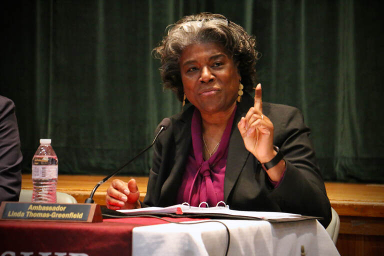 United States Ambassador to the United Nations Linda Thomas-Greenfield speaks to students at Pemberton High School in Burlington County, N.J. (Emma Lee/WHYY)