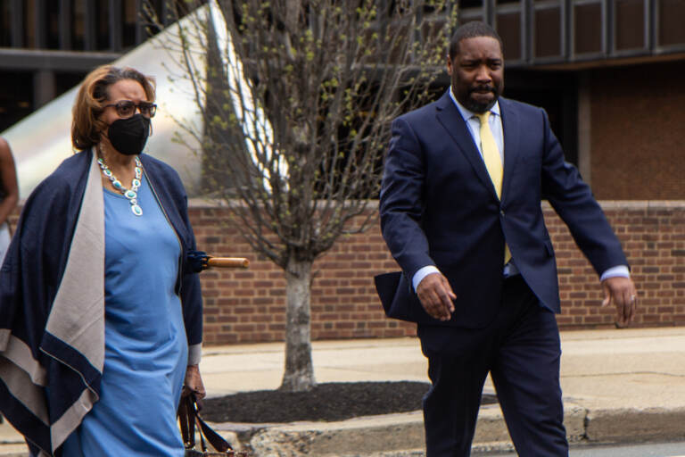 Philadelphia Councilmember Kenyatta Johnson exits the federal courthouse with family on April 14, 2022. (Kimberly Paynter/WHYY)