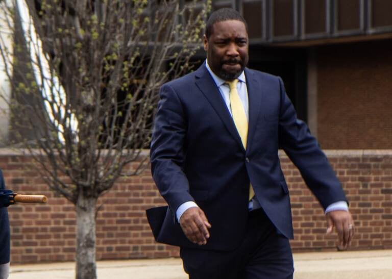 File photo: Philadelphia Councilmember Kenyatta Johnson exits the federal courthouse with family on April 14, 2022. (Kimberly Paynter/WHYY)