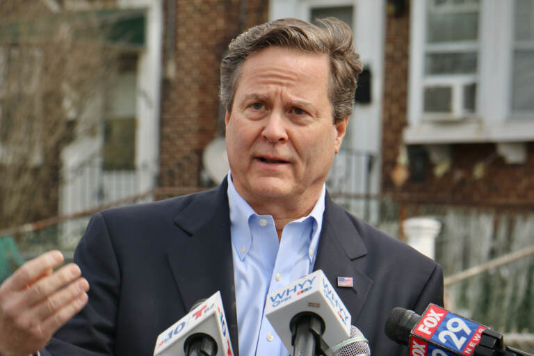 U.S, Rep. Donald Norcross announces his intention to introduce legislation to curb gas prices and stop price gouging by oil companies during a press conference in Camden. (Emma Lee/WHYY)