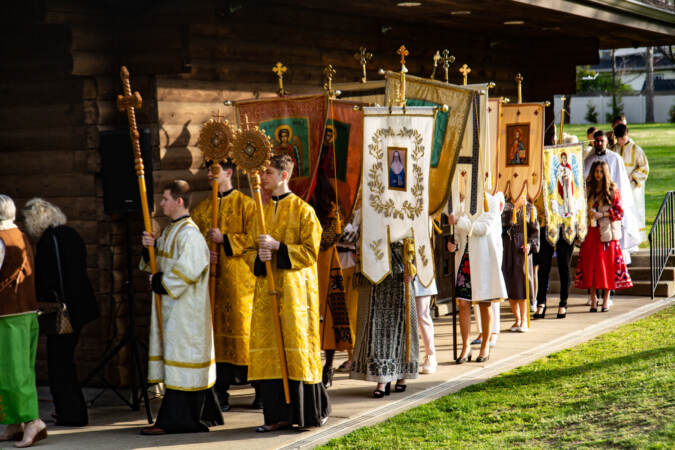 A congregation files into the Ukrainian Catholic Church for the Easter celebration.