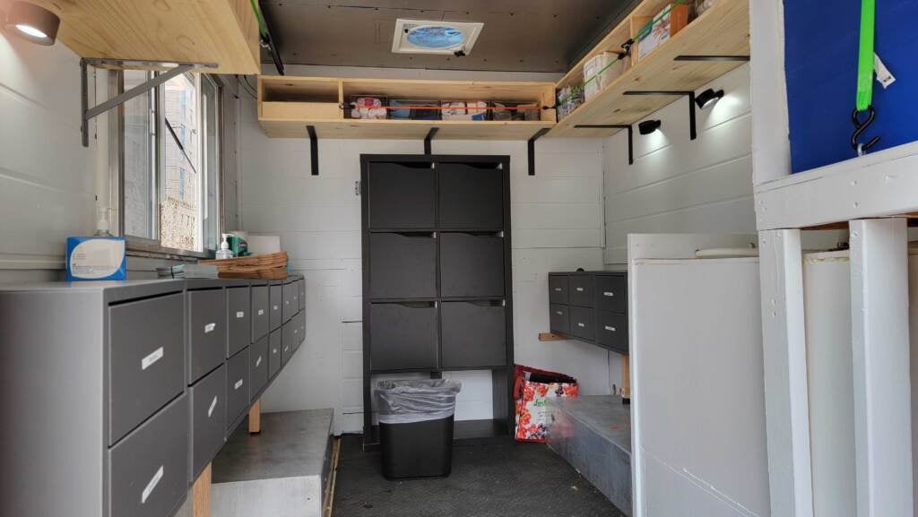 The inside of the hygiene truck.