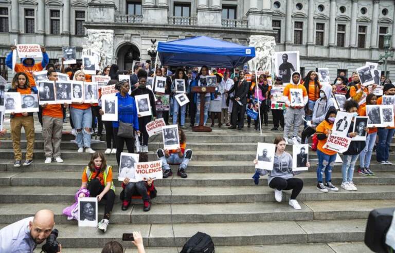 A rally calling for an end to gun violence brings together Gov. Tom Wolf and lawmakers, joining students, family members of victims of gun violence, and advocates at the steps of the state Capitol. April 26, 2022. (Dan Gleiter / PennLive)