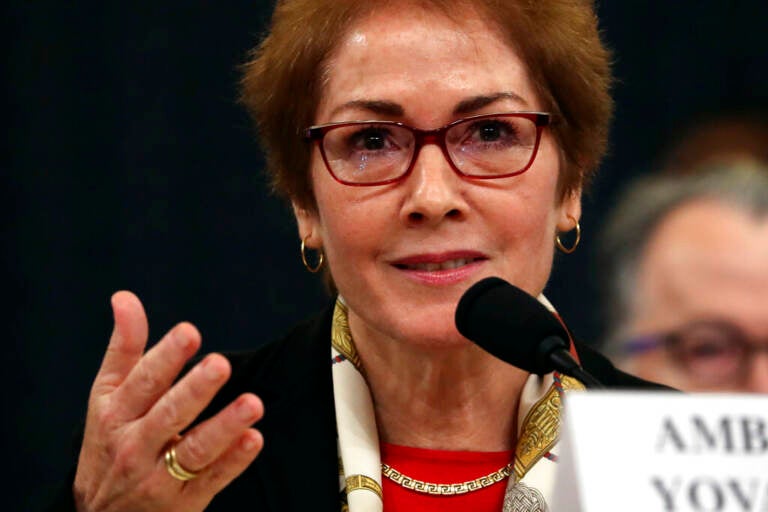 Former U.S. Ambassador to Ukraine Marie Yovanovitch testifies before the House Intelligence Committee on Capitol Hill in Washington, Friday, Nov. 15, 2019, during the second public impeachment hearing of President Donald Trump's efforts to tie U.S. aid for Ukraine to investigations of his political opponents. (AP Photo/Andrew Harnik)