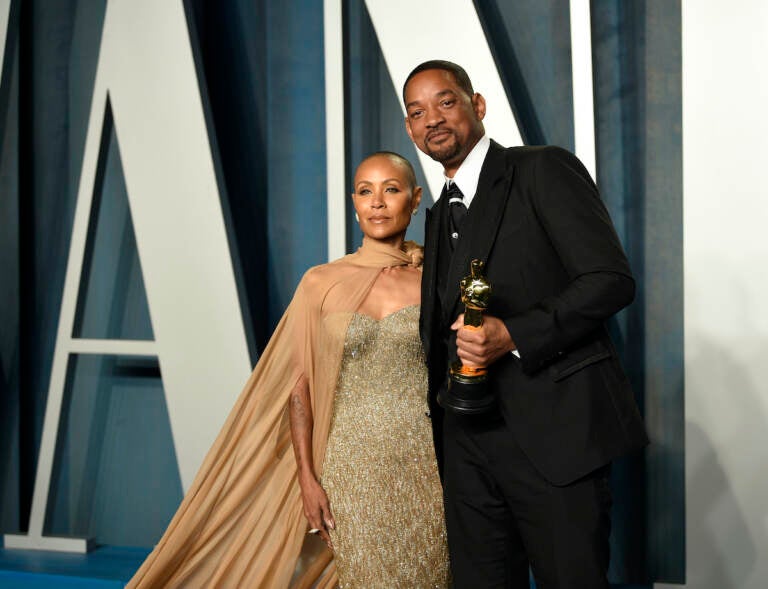 Jada Pinkett Smith, left, and Will Smith arrive at the Vanity Fair Oscar Party on Sunday, March 27, 2022, at the Wallis Annenberg Center for the Performing Arts in Beverly Hills, Calif. The stunning physical altercation between actor Will Smith and comedian Chris Rock at the 94th Academy Awards on Sunday has sparked debate about the appropriate ways for Black men to publicly defend Black women against humiliation and abuse