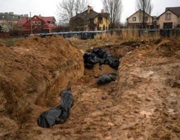 Bodies lie in a mass grave in Bucha, on the outskirts of Kyiv, Ukraine, Sunday, April 3, 2022. Ukrainian troops are finding brutalized bodies and widespread destruction in the suburbs of Kyiv, sparking new calls for a war crimes investigation and sanctions against Russia. (AP Photo/Rodrigo Abd)