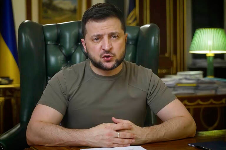 In this image from video provided by the Ukrainian Presidential Press Office, Ukrainian President Volodymyr Zelenskyy speaks from Kyiv, Ukraine, Monday, April 4, 2022.