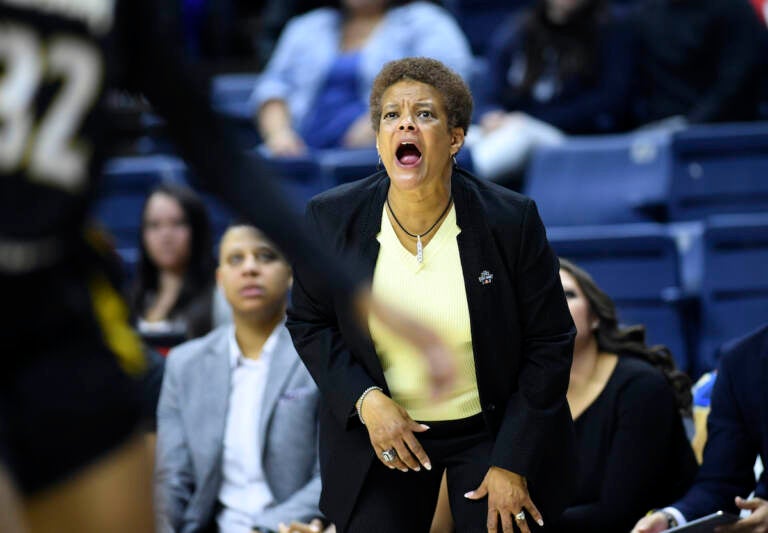 File photo: Towson head coach Diane Richardson yells instructions to her team during a first-round women's college basketball game against Connecticut in the NCAA Tournament, on March 22, 2019, in Storrs, Conn. Richardson, who led Towson to its first NCAA Tournament appearance in school history, was named Temple University’s women’s basketball head coach, the school announced Tuesday, April 5, 2022