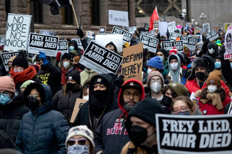 File photo: People march at a rally for Amir Locke on Saturday, Feb. 5, 2022, in Minneapolis. Minnesota prosecutors declined to file charges Wednesday, April 6, 2022, against a Minneapolis police SWAT team officer who fatally shot Amir Locke while executing an early morning no-knock search warrant in a downtown apartment in February