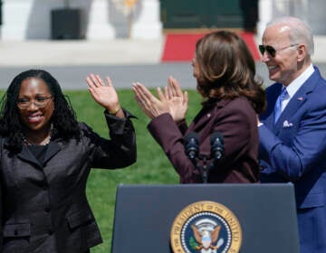 President Joe Biden and Vice President Kamala Harris applaud Judge Ketanji Brown Jackson as Harris speaks during an event on the South Lawn of the White House in Washington, Friday, April 8, 2022, celebrating the confirmation of Jackson as the first Black woman to reach the Supreme Court. (AP Photo/Andrew Harnik)