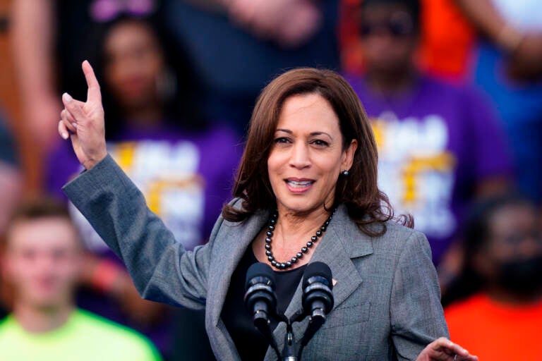 Vice President Kamala Harris arrives to speak at the Metal Worker’s Local Union No. 19 in Philadelphia, Tuesday, April 12, 2022. (AP Photo/Matt Rourke)