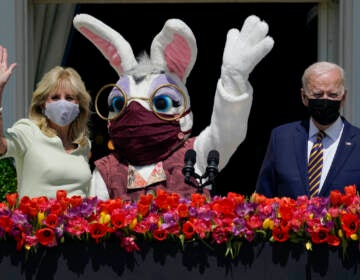 File photo: President Joe Biden appears with first lady Jill Biden and the Easter Bunny on the Blue Room balcony at the White House April 5, 2021, in Washington. The White House Easter Egg Roll is returning on April 18, 2022, after a 2-year, COVID-induced hiatus. The Biden's will welcome some 30,000 kids and their adult chaperones for the egg roll, an egg hunt and other activities.