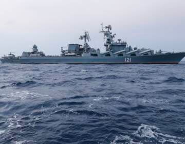 In this photo provided by the Russian Defense Ministry Press Service, Russian navy missile cruiser Moskva is on patrol in the Mediterranean Sea near the Syrian coast on Dec. 17, 2015.