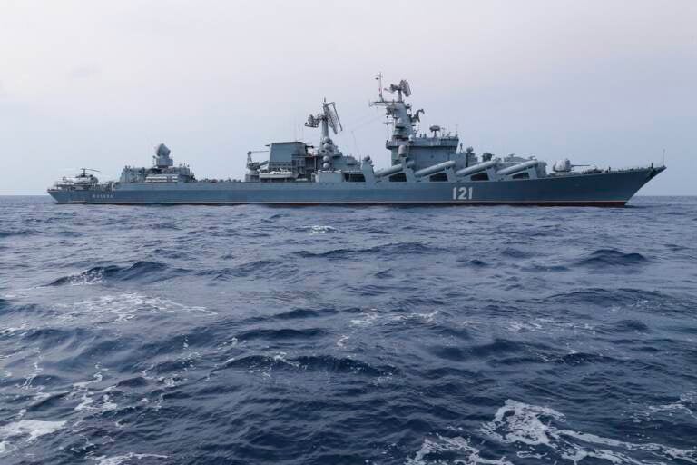 In this photo provided by the Russian Defense Ministry Press Service, Russian navy missile cruiser Moskva is on patrol in the Mediterranean Sea near the Syrian coast on Dec. 17, 2015.