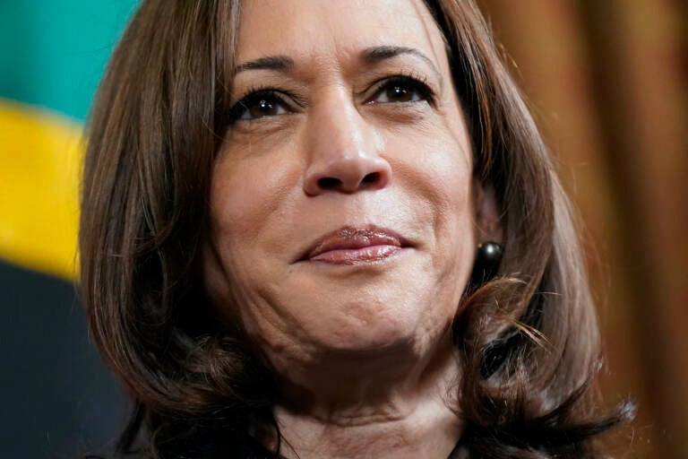 A closeup of Vice President Kamala Harris