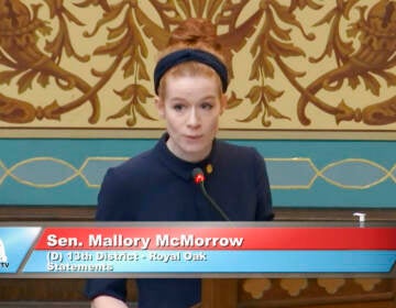 This image from the Michigan Senate shows Sen. Mallory McMorrow speaking on Tuesday, April 19, 2022. The Michigan lawmaker, mother and LGBTQ rights backer who was falsely accused of wanting to “groom’ kids” by a Republican colleague drew widespread praise for defending herself in a 5-minute speech from the Senate floor. McMorrow, who has not gotten an apology, said she will not stop forcefully addressing such attacks