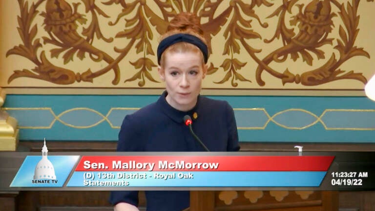 This image from the Michigan Senate shows Sen. Mallory McMorrow speaking on Tuesday, April 19, 2022. The Michigan lawmaker, mother and LGBTQ rights backer who was falsely accused of wanting to “groom’ kids” by a Republican colleague drew widespread praise for defending herself in a 5-minute speech from the Senate floor. McMorrow, who has not gotten an apology, said she will not stop forcefully addressing such attacks