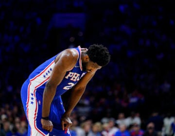 File photo: Philadelphia 76ers' Joel Embiid reacts during Game 5 of an NBA basketball first-round playoff series, Monday, April 25, 2022, in Philadelphia. (AP Photo/Matt Slocum)