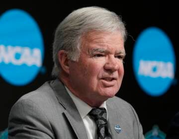 NCAA president Mark Emmert speaks at a news conference at the Target Center, site of of the Women’s Final Four NCAA tournament Wednesday, March 30, 2022, in Minneapoils. (AP Photo/Eric Gay)