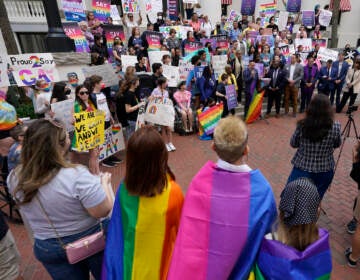 Demonstrators gather on the steps of the Florida Historic Capitol Museum in front of the Florida State Capitol, March 7, 2022, in Tallahassee, Florida/