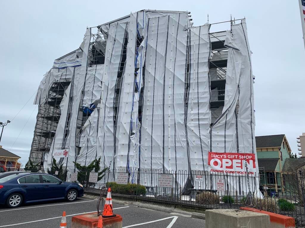 Scaffolding around Lucy the Elephant in Margate on April 25, 2022.