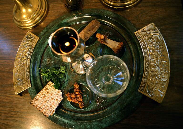 A traditional Passover seder plate on the first night of Passover. (Dr. Scott M. Lieberman/ASSOCIATED PRESS)