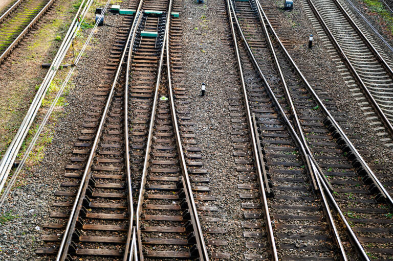 An aerial view of train tracks