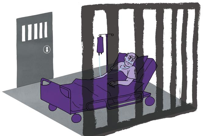 An illustration of a prisoner on a hospital bed in their cell
