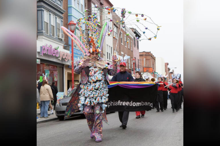 Henri David leads the Philadelphia Freedom Band during the Annual Easter Promenade in Philadelphia's South Street Headhouse District. (Courtesy of South Street Head House District)