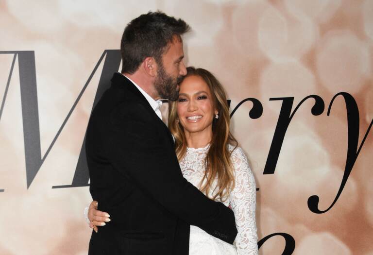 Actors Jennifer Lopez and Ben Affleck arrive for a special screening of the film Marry Me at the Directors Guild of America in Los Angeles on Friday. (Valerie Macon/AFP via Getty Images)