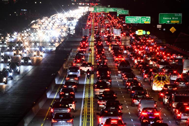 The 405 Freeway is packed with rush-hour traffic last month in Los Angeles. Americans' greatest contribution to global greenhouse gas emissions comes from transportation, mostly from cars and trucks, according to the federal government. (Patrick T. Fallon/AFP via Getty Images)