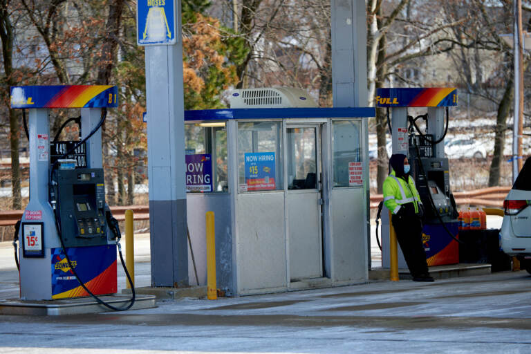 At a South Jersey gas station, orange cones block one of the lanes. Stations have shut down some pumps because owners have struggled to hire enough attendants, according to the New Jersey Gasoline-Convenience-Automotive Association. (Laura Benshoff/NPR)